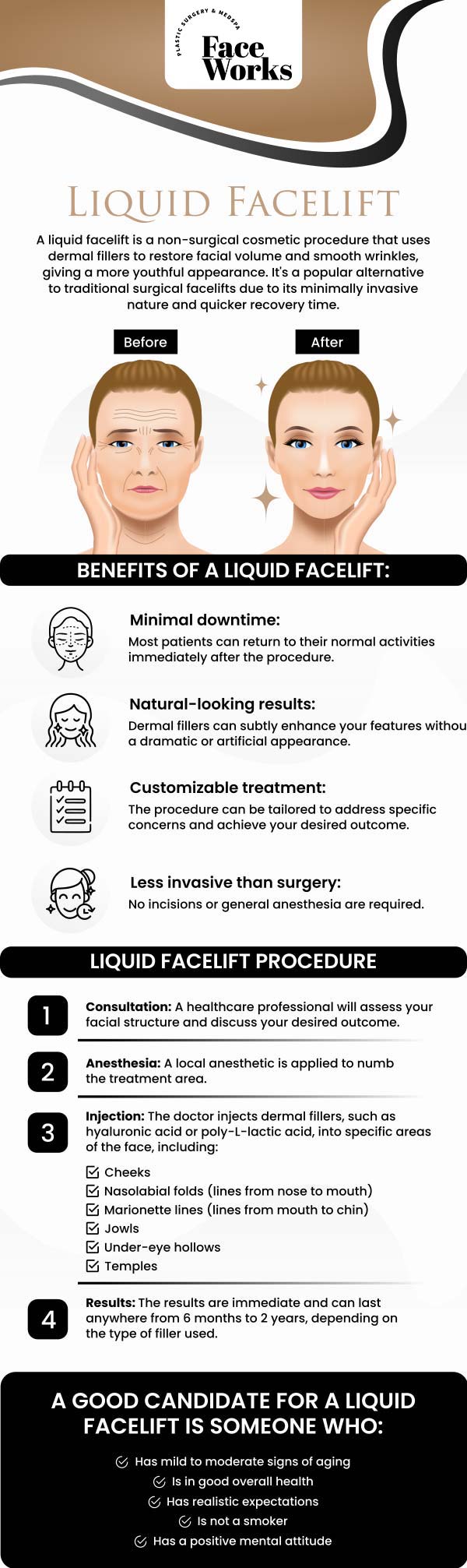 A Liquid Facelift or PRP Facelift is a non-invasive procedure that utilizes injectable treatments and platelet-rich plasma (PRP) to restore youthful volume, smooth out wrinkles, and rejuvenate the skin. These advanced treatments are perfect for those looking to achieve natural-looking facial enhancements without the need for surgery. Our team at Face Works Plastic Surgery, in Schaumburg, IL, specializes in customizing these facelifts to meet the unique needs of each patient. For more information, contact us or request an appointment online. We are conveniently located at 501 W Golf Rd A, Schaumburg, IL 60195. A Liquid Facelift or PRP Facelift is a non-invasive procedure that utilizes injectable treatments and platelet-rich plasma (PRP) to restore youthful volume, smooth out wrinkles, and rejuvenate the skin. These advanced treatments are perfect for those looking to achieve natural-looking facial enhancements without the need for surgery. Our team at Face Works Plastic Surgery, in Schaumburg, IL, specializes in customizing these facelifts to meet the unique needs of each patient. For more information, contact us or request an appointment online. We are conveniently located at 501 W Golf Rd A, Schaumburg, IL 60195.