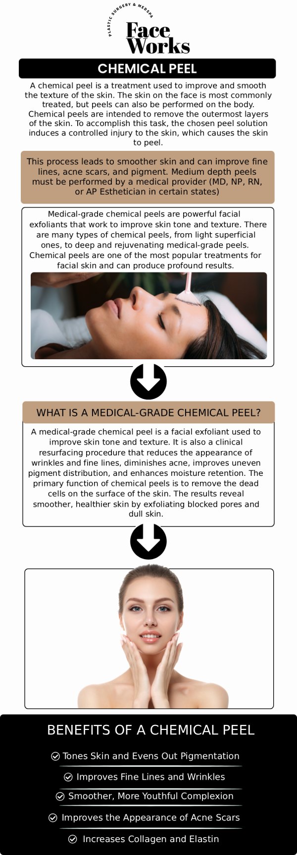 Transform your skin’s texture and tone with our curated selection of medical-grade chemical peels. At Face Works, we offer various depths of exfoliation—from gentle "lunchtime" glows to deep resurfacing treatments—designed to target stubborn hyperpigmentation, active acne, and signs of aging. Our specialists analyze your unique skin type to select the perfect acid blend, ensuring a safe recovery and a radiant, revitalized finish. For more information, contact us or request an appointment online. We serve patients from Schaumburg IL, Hoffman Estates IL, Rolling Meadows IL, Hanover Park IL, Streamwood IL, Elk Grove Village IL, and surrounding areas.