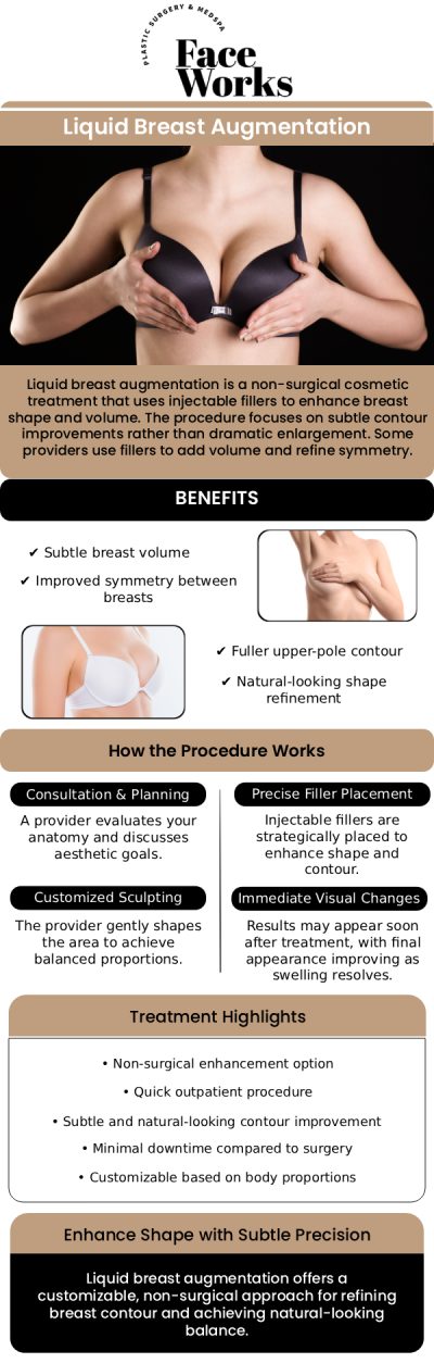 Liquid breast augmentation is a non-surgical alternative to traditional implants, using dermal fillers to enhance breast shape and volume. This innovative treatment is ideal for those seeking a subtle boost in breast size or improved symmetry without the need for surgery or lengthy recovery times. Our team at Face Works Plastic Surgery in Schaumburg, IL, specializes in personalized liquid breast augmentation treatments, providing safe and natural-looking results tailored to your body’s unique proportions. For more information, contact us or request an appointment online. We are conveniently located at 501 W Golf Rd A, Schaumburg, IL 60195. Liquid breast augmentation is a non-surgical alternative to traditional implants, using dermal fillers to enhance breast shape and volume. This innovative treatment is ideal for those seeking a subtle boost in breast size or improved symmetry without the need for surgery or lengthy recovery times. Our team at Face Works Plastic Surgery in Schaumburg, IL, specializes in personalized liquid breast augmentation treatments, providing safe and natural-looking results tailored to your body’s unique proportions. For more information, contact us or request an appointment online. We are conveniently located at 501 W Golf Rd A, Schaumburg, IL 60195.