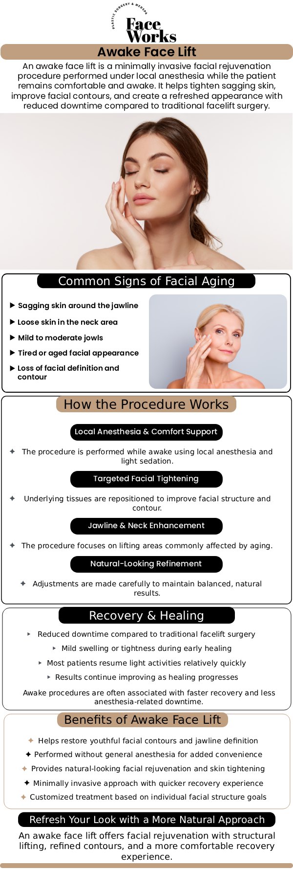 If you are searching for the best awake facelift specialists in Schaumburg, IL, finding a highly qualified clinic is essential for safe, beautiful results. To fully understand the incredible benefits of minimally invasive facial rejuvenation, it is important to see how our team at Face Works Plastic Surgery customizes our exclusive AwakeTight™ treatments for each patient. By choosing advanced, natural-looking contouring performed comfortably under local anesthesia, you can easily restore your youthful appearance with significantly less downtime than traditional surgery. For more information, contact us or request an appointment online. We are conveniently located at 501 W Golf Rd A, Schaumburg, IL 60195. If you are searching for the best awake facelift specialists in Schaumburg, IL, finding a highly qualified clinic is essential for safe, beautiful results. To fully understand the incredible benefits of minimally invasive facial rejuvenation, it is important to see how our team at Face Works Plastic Surgery customizes our exclusive AwakeTight™ treatments for each patient. By choosing advanced, natural-looking contouring performed comfortably under local anesthesia, you can easily restore your youthful appearance with significantly less downtime than traditional surgery. For more information, contact us or request an appointment online. We are conveniently located at 501 W Golf Rd A, Schaumburg, IL 60195.