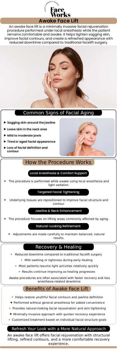 If you are searching for the best awake facelift specialists serving Chicago and Schaumburg, IL, finding a highly qualified clinic is essential for safe, beautiful results. To fully understand the incredible benefits of minimally invasive facial rejuvenation, it is important to see how our team at Face Works Plastic Surgery customizes our exclusive AwakeTight™ treatments for each patient. By choosing advanced, natural-looking contouring performed comfortably under local anesthesia, you can easily restore your youthful appearance with significantly less downtime than traditional surgery. For more information, contact us or request an appointment online. We are conveniently located at 501 W Golf Rd A, Schaumburg, IL 60195. If you are searching for the best awake facelift specialists in Schaumburg, IL, finding a highly qualified clinic is essential for safe, beautiful results. To fully understand the incredible benefits of minimally invasive facial rejuvenation, it is important to see how our team at Face Works Plastic Surgery customizes our exclusive AwakeTight™ treatments for each patient. By choosing advanced, natural-looking contouring performed comfortably under local anesthesia, you can easily restore your youthful appearance with significantly less downtime than traditional surgery. For more information, contact us or request an appointment online. We are conveniently located at 501 W Golf Rd A, Schaumburg, IL 60195.