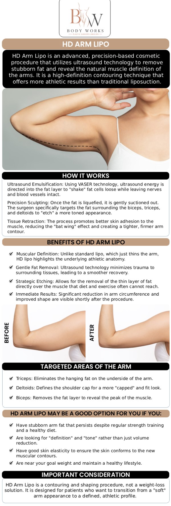 Common questions asked by patients: What is Awake High-Def Arm Lipo? Will Awake High-Def Arm Lipo get rid of loose skin or "bat wings"? How long does the recovery take after Awake High-Def Arm Lipo? Are the results from Awake High-Def Arm Lipo permanent? For more information, contact us or request an appointment online. We are conveniently located at 3918 W 63rd St Chicago, IL 60629