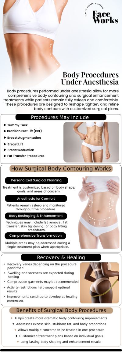 At FaceWorks Plastic Surgery, located in Schaumburg, IL, we specialize in high-definition aesthetic procedures designed to help you achieve your desired silhouette with precision and care. Serving the Schaumburg area, our team offers a comprehensive suite of advanced surgical and non-surgical treatments—including Awake Liposuction, body contouring, and facial rejuvenation—tailored to meet your individual goals. With a focus on safety, patient comfort, and transformative results, we utilize state-of-the-art technology to provide high-quality care in a welcoming, professional environment. For more information, contact us or request an appointment online. We serve patients from Schaumburg IL, Hoffman Estates IL, Rolling Meadows IL, Hanover Park IL, Streamwood IL, Elk Grove Village IL, and surrounding areas.