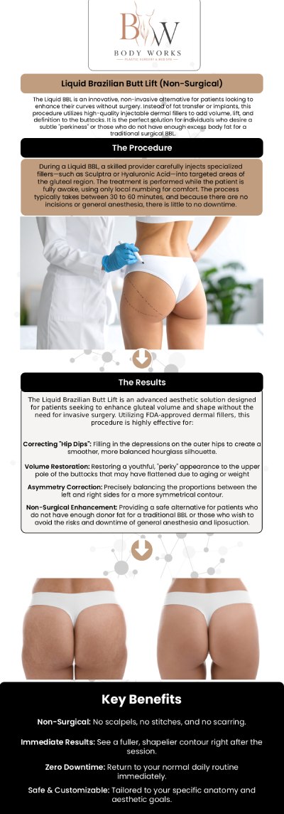 Common questions asked by clients: Who is an ideal candidate for a Liquid BBL? How long does the Liquid BBL procedure take, and is there any downtime? Can a Liquid BBL fix hip dips and cellulite? Can I transition from a Liquid BBL to a surgical BBL later? For more information, contact us or request an appointment online. We are conveniently located at 3918 W 63rd St Chicago, IL 60629